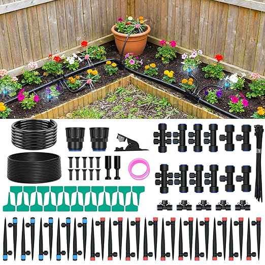100FT Drip Irrigation System for Garden, 2026 Upgraded DIY Automatic Plant Watering Kit with Push-Fit Connectors, 30 Water-Saving Adjustable Drip Emitters for Yard, Lawn & Greenhouse