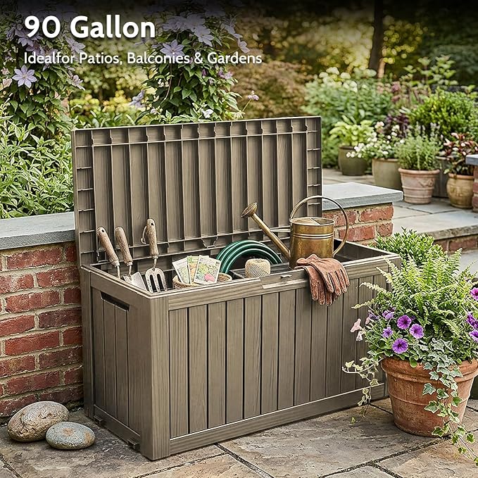 90 Gallon Deck Box Outdoor Storage Box Waterproof for Patio Furniture,Outdoor Cushions,Garden Tools and Pool Supplies,Lockable, Resin and Easy to Install Grey