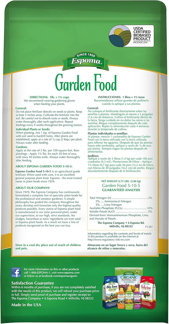 Espoma 5-10-5 Garden Food, 6.75-Pound Bag; Promotes Growth in All Flowering Plants, Trees, Shrubs, and Vegetables. Granular for Easy Application. Pack of One.