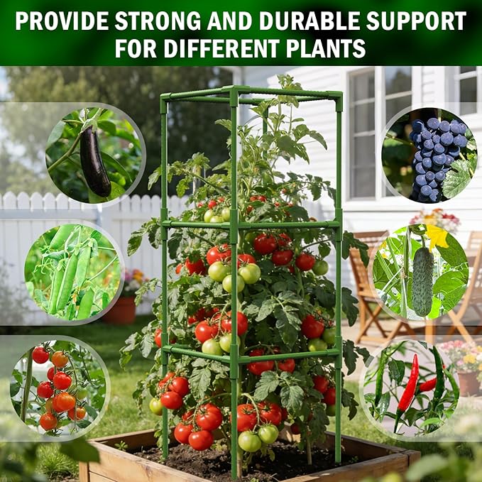 Uyittour 3 Pack Square Tomato Cages for Garden, 45" Heavy Duty Tomato Trellis Plant Support Cages for Raised Garden Bed Climbing Vegetables, Set with Garden Gloves, 20 Clips & 65FT Tie Wire