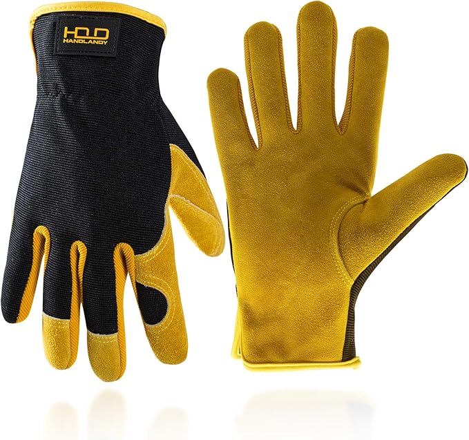 HLDD HANDLANDY Men Leather Gardening Gloves, Utility Work Gloves for Gardening, Yardwork, Construction, Mechanics