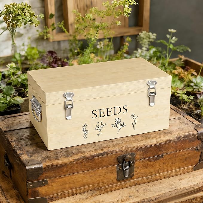 Bamboo Seed Storage Organizer, Large Garden Seed Organizer with Lid & Safety Lock & Handles, Seed Box Includes Seed Envelopes and Labels etc, Great Gifts Gardening Kit (Wood)