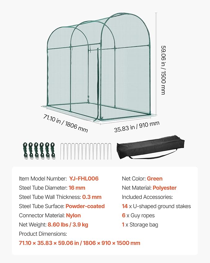 VEVOR Crop Cage, 5.9 x 2.98 x 4.9 ft Plant Protection Tent with Zippered Door, Wind-Resistant Tall Crop Cage, Easy to Install, Outdoor Raised Bed Cover with Frame, Plant Netting for Garden Patio Lawn