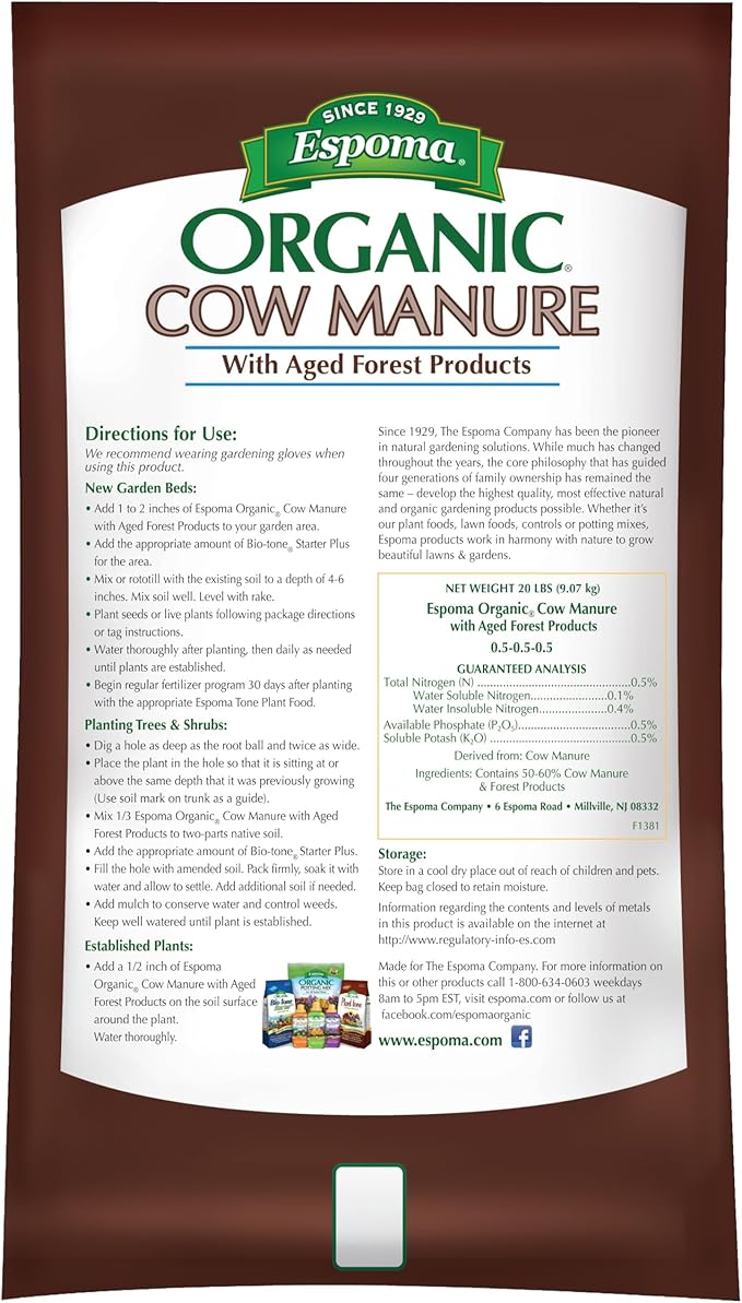 Espoma Organic Cow Manure with Aged Forest Products - 1 Cubic Foot Bag. Soil Amendment & Fertilizer for use When Planting Vegetables, Flowers, Trees & Shrubs.