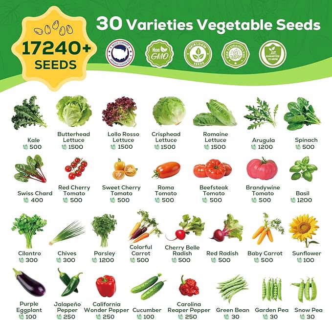 30 Heirloom Vegetable Seeds for Planting- 17,240+ Non-GMO Seeds for Planting, Individually Packeted for Indoor/Outdoor Gardens & Continuous Harvest