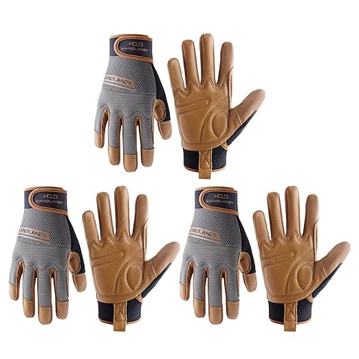 HANDLANDY Leather Work Gloves Mens & Women, Utility Safety Mechanic Working Gloves Touch Screen, Flexible Breathable Yard Work Gloves (X-Large, Brown-Cowhide Palm, Pack of 3)