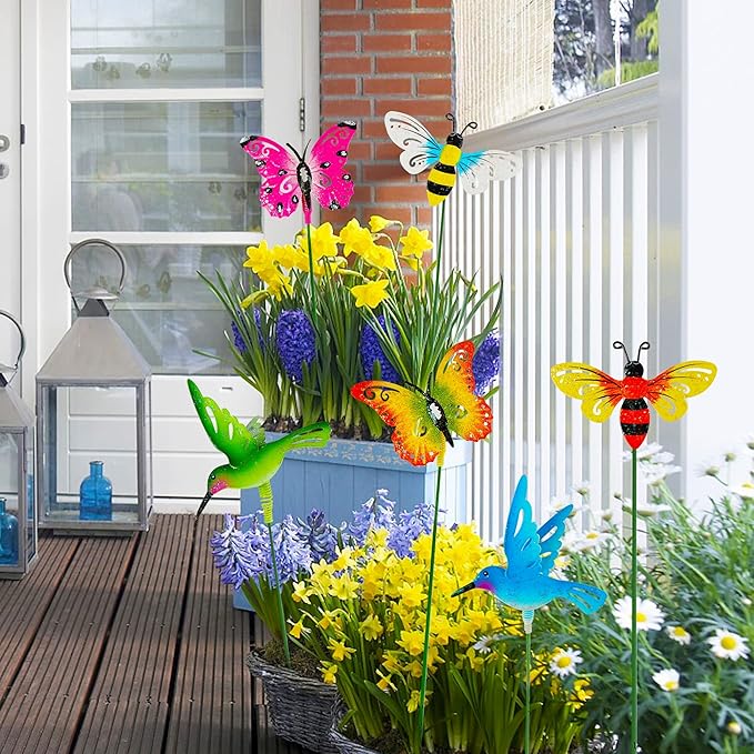 Juegoal 6 Pack Metal Yard Stakes Spring Decor, 15 Inch Outdoor Metal Colorful Butterfly Hummingbird & Bee Shaking Head Yard Art, Rust Proof Plant Sticks for Yard Lawn Pathway Patio Ornaments