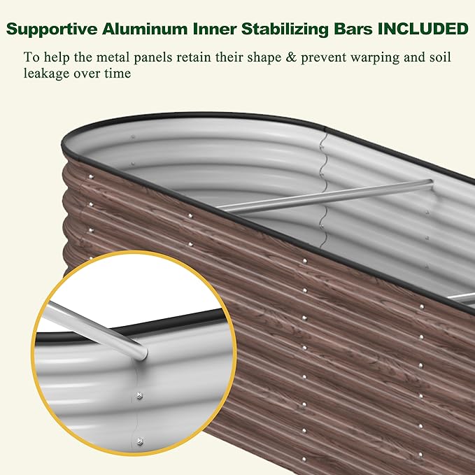 VEIKOU 8ftx2ftx2ft Raised Garden Bed Outdoor for Vegetables, 9-in-1 Galvanized Metal Planter Box with 2 Aluminum Support Bars, 23.1''H Modular Garden Bed Kit Oval for Herbs and Flowers, Rustic Brown