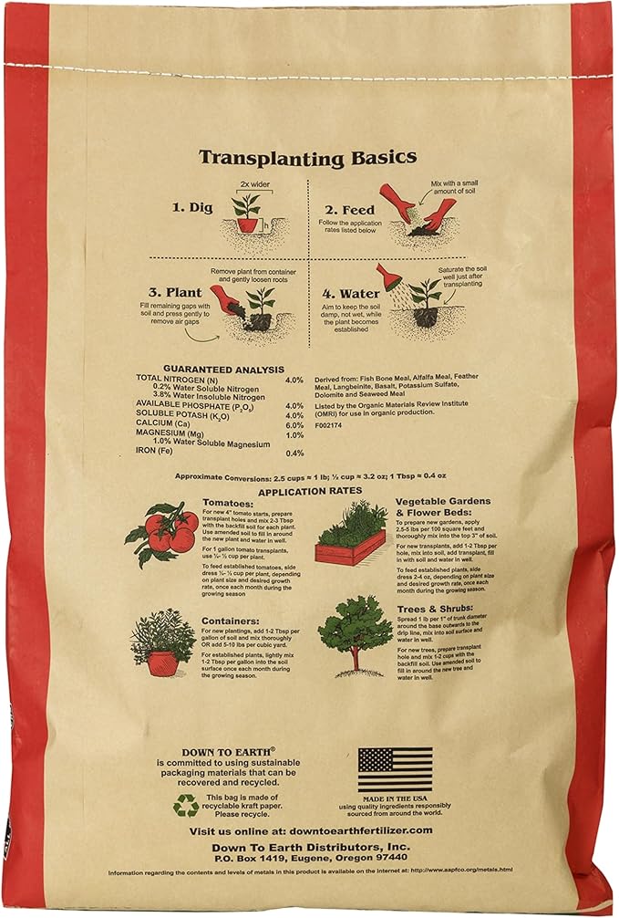 Down To Earth All Natural Fertilizers Organic Vegetable Garden - Plant Food for Vegetables, Herbs, Greens and Raised Beds 4-4-4, 25 lb