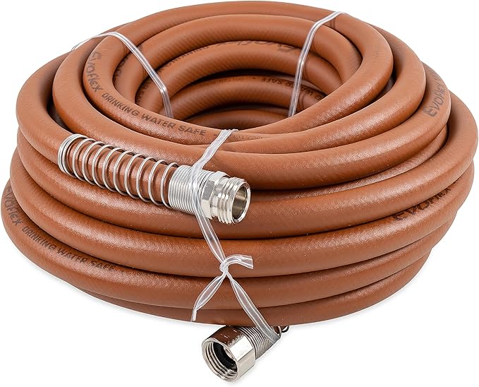 Camco EvoFlex 50-Ft Water Hose - RV Drinking Water Hose Contains No Lead, No BPA & No Phthalate - Flexible Design w/Stainless Steel Strain Relief Ends - 5/8” Inside Diameter, Brick (22587)