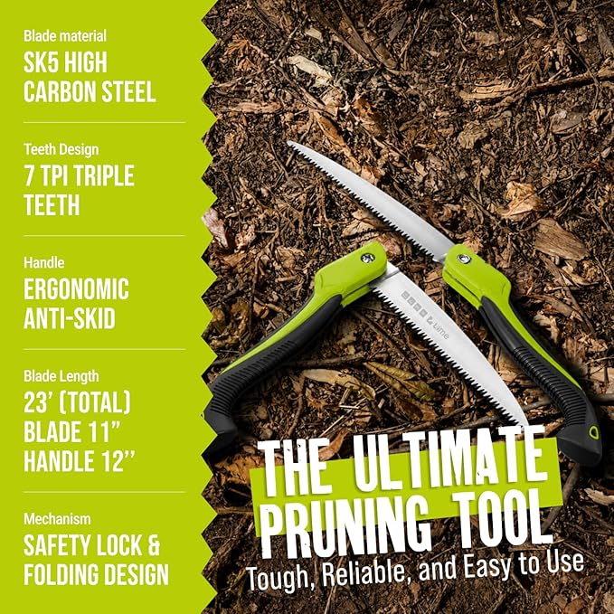 GROWIT Folding Camping saw 11 Inch - Heavy Duty Pruning Saw with Triple-Cut SK5 Blade, 7 TPI Razor Teeth for Tree Trimming, Wood Cutting, Camping, Bushcraft, and Gardening