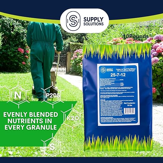 Supply Solutions 25-7-12 Lawn and Turf Fertilizer - 15% Slow Release Nitrogen Lawn Fertilizer for All Grass Types, Shrubs - Turf Builder Plant Food Covers 2,500 sq.ft (10lbs)