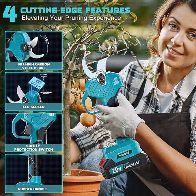 Electric Pruning Shears, 0.8-2 Inch Cutting Diameter Brushless Electric Pruner with 2 x 2.0Ah Rechargeable Batteries, Cordless Electric Scissors - with LCD Display for Tree Branch