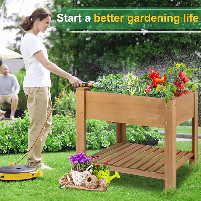 Raised Garden Beds Outdoor With Legs, Wood Elevated Garden Box With L-Connection Tabs，Storage Shelf , Leg Reinforcement，Suitable For Vegetables, Flowers And Herbs, Easy To Assemble, 33.5X18X 30IN