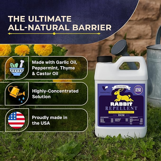 VarmiPro Rabbit Repellent Spray Concentrate - 32 fl oz Natural Outdoor Rabbit Deterrent for Yard, Garden, Lawn, Trees, and Plants - Safe for Pets, Animals, Flowers, Shrubs, and Flower Beds