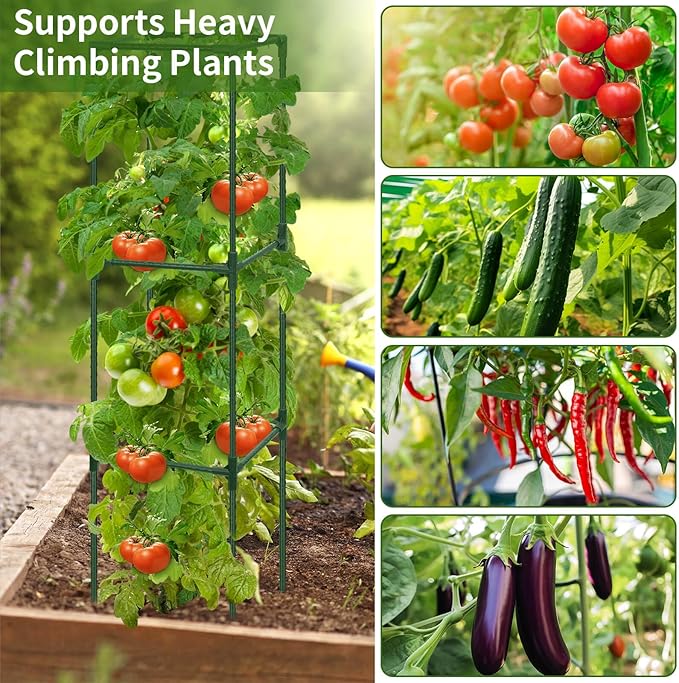 3 Pack 48" Tomato Cage for Garden, Heavy Duty Adjustable Plastic Coated Steel Pipe Tomato Stakes Trellis Plant Cages for Vegetable, Fruit, Flower, Rose Vine Climbing Plants