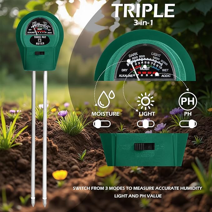 Soil Moisture 3-in-1, Soil Moisture/Light/pH Tester, No Battery Needed Soil Tester Gardening Tool for Indoor and Outdoor