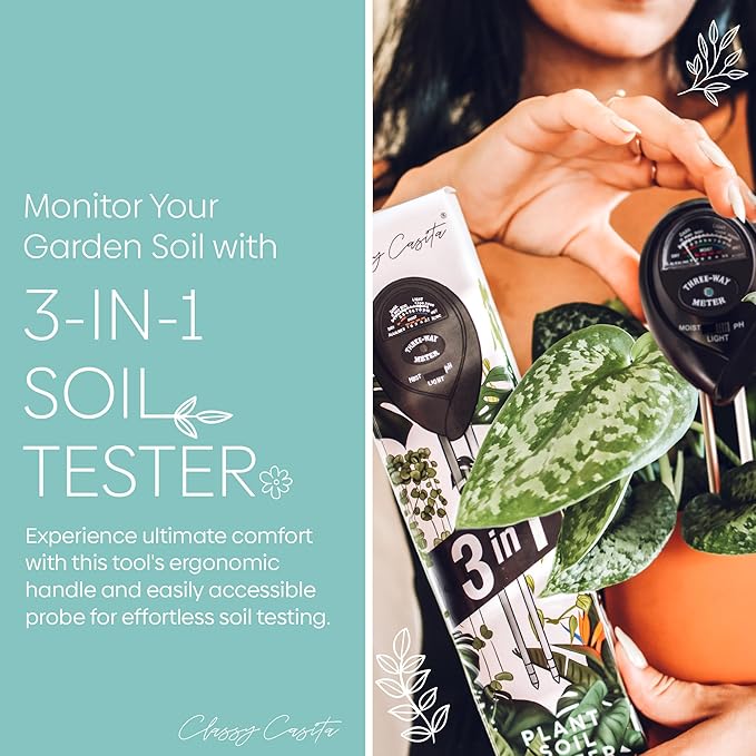 Classy Casita 3-in-1 Garden Soil Tester- Three Way Plant Soil Test Kit to Measure Soil Moisture, pH-Value, and Sunlight, and Classy Casita Soil Moisture Meter w/Plant Watering & Care eBook, White