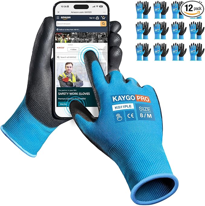 Work Gloves PU Coated for Men and Women, 12 Pairs Safety Work Gloves with Two Fingers Touchscreen, Breathable and Lightweight,Ideal for Light Warehouse, Manufacturing, Gardening, KG11P (M, Blue)