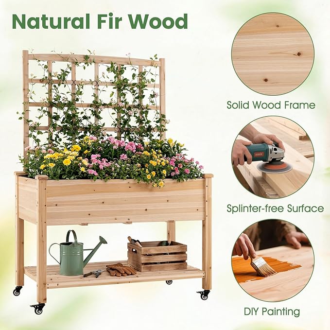 Giantex 65'' Wooden Raised Garden Bed w/Trellis on Wheels Set 2, Mobile Elevated Planter Box w/Legs, Liner & Drainage Holes for Climbing Plant Vegetable Herb Flower, Outdoor Garden Box, Backyard