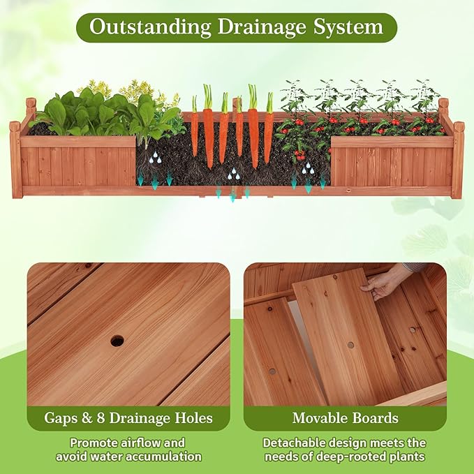 HAPPYGRILL Raised Garden Bed, Wood Elevated Flower Box with 8 Drain Holes, Liner, for Flowers, Vegetables, Herbs, Fruits, Outdoor Planter Box for Backyard, Garden, Lawn, 89" x 23.5" x 16"