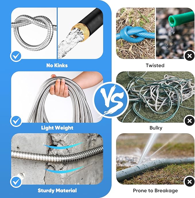 Garden Hose 100 FT, Metal Stainless Steel Water Hose with 10 Function Nozzles, No Kinks, Flexible Hose, Lightweight, Puncture Proof, Heavy Duty Hose for Yard and Outdoor, Silver