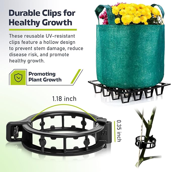 Plant Riser – Modular Pot Spacer for Grow Bags, Planters & Containers – UV-Resistant Drainage Tray for Airflow, Root Health & Cleaner Surfaces (Standard Black W/ 50 clips, 5 Pack)