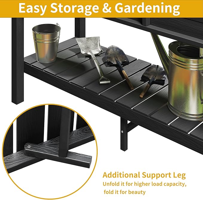 DWVO 48x18x30in Raised Garden Bed Kit, HDPE Planter Box Stand, Poly Wood Weather-Resistant Planter Box with Legs & Storage Shelf, Elevated Garden Bed for Backyard, Patio, Balcony,Black