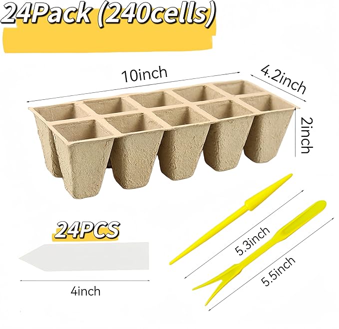 240 Cells Seed Starter Tray 24 Packs Biodegradable Peat Pots Germination Trays Organic Seed Starting Trays kit with 24 Labels 2 Transplant Tools