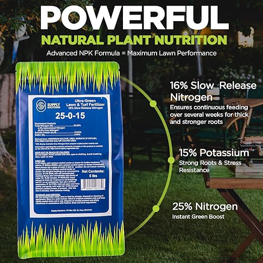 Supply Solutions 25-0-15 Ultra Green Lawn and Turf Fertilizer - 16% Slow Release Nitrogen - Promotes Lush, Green Lawns and Strong Root Growth, Reduces Mowing Frequency (5 Pounds)