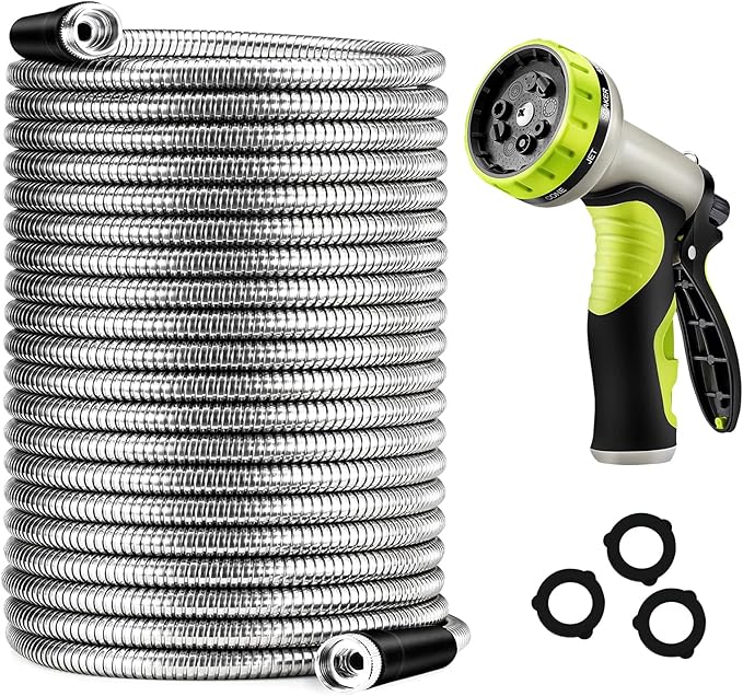 15FT Hose, 304 Stainless Steel Garden Hose Metal, Heavy Duty Water Pipe with Nozzles for Yard, Outdoor，Never Kink & Tangle