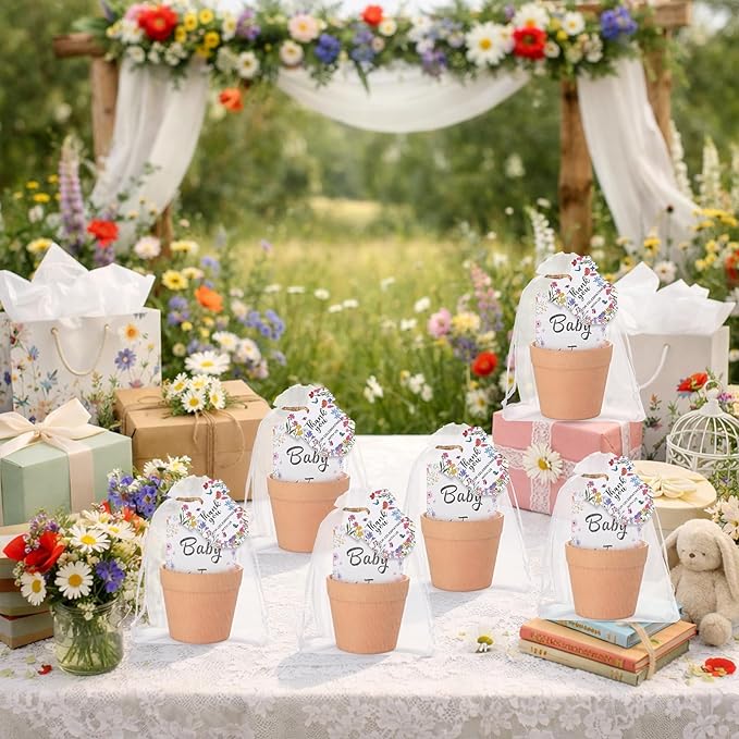 Ctosree 50 Sets Wildflower Baby in Bloom Baby Shower Seed Packets Favors for Guests Include Self Adhesive Seed Packets (No Seeds) Clay Plastic Flowerpot Thank You Tags Hemp Rope Organza Gift Bags
