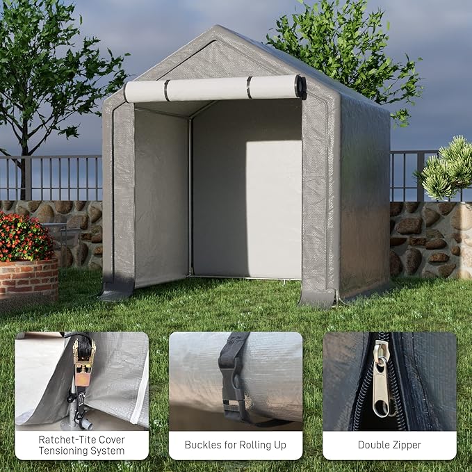 Outdoor Storage Shelter, 6x6 ft Portable Shed with Roll up Zipper Door, Waterproof and UV Resistant Anti-Snow, Heavy Duty Carport for Storing Garden Tools, Outdoor Equipment