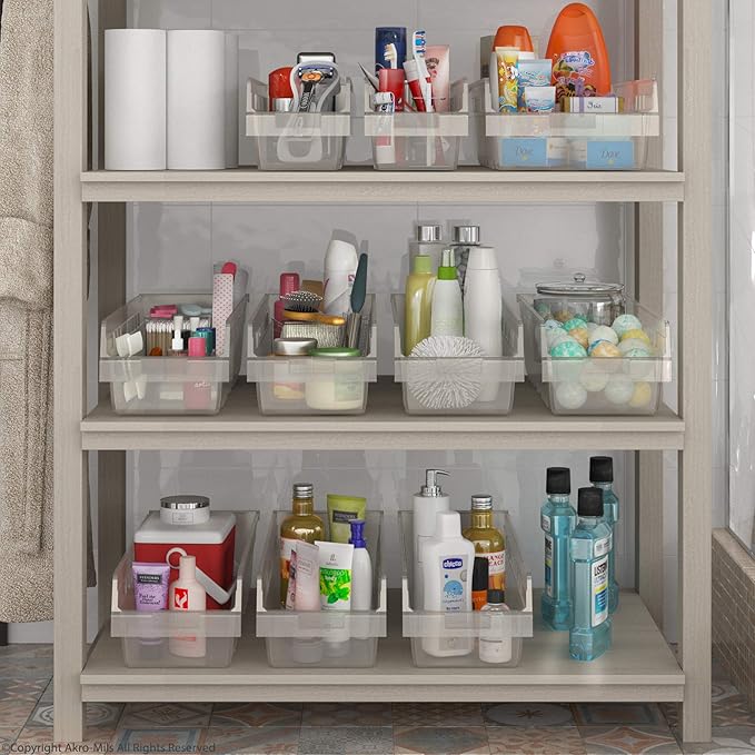 Akro-Mils 30084 Plastic Nesting ShelfMax Storage Bin Box, (24-Inch x 8-Inch x 6-Inch), Clear, (6-Pack)