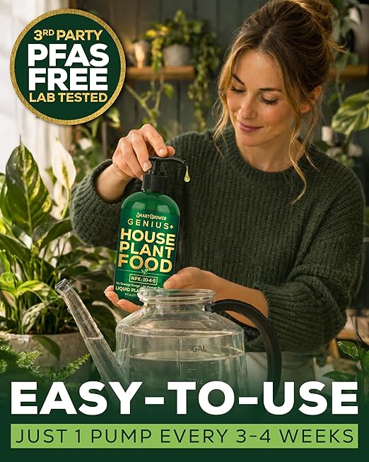Plant Food for Houseplants, Instant Indoor Plant Fertilizer for Healthier Plants, Clean & Safe for Indoor & Outdoor Use, USA Made - Smart Grower Genius+ Easy Squirt Pump 8oz Makes 96 Gallons