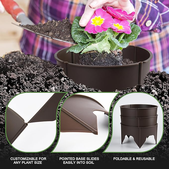 40Pcs Planting Grow Rings,7.8-11.8 Inch Interlocking Plant Barrier, Modular Garden Edging for Vegetables, Brown Adjustable Plant Support Circles for Moisture Retention & Weed Control