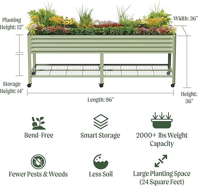 Rolling Elevated Raised Garden Bed - Jumbo Series, 3' x 8' Outdoor Planters Boxes with Legs & Storage Rack for Patio, 2000+ Lbs Weight Capacity, Raised Beds for Gardening Herbs Flowers, Pearl White
