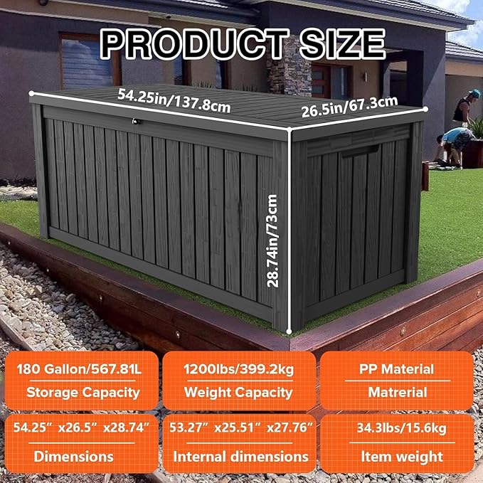 Outdoor Storage Box 180 Gallon Waterproof, Large Lockable Resin Deck Box Patio Storage Bin for Pool Accessories Cushion Furniture, Garden Tools, UV-Resistant Outside Delivery, Black