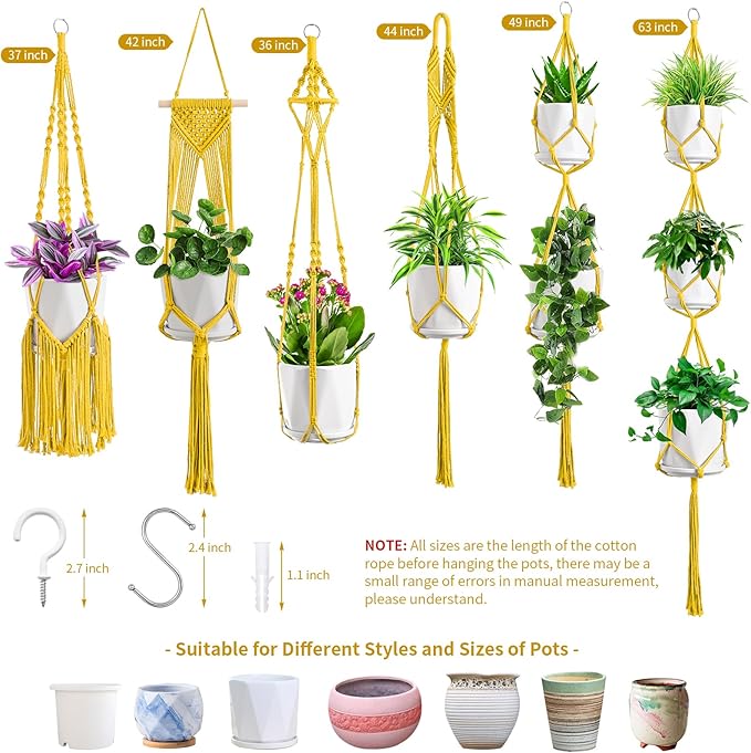 SFENNGPET Macrame Plant Hangers, 6Pack Hanging Planters for Indoor Plants w/ 6 Set Hangers Kit Handmade Macromay Plant Hangers Indoor Flower Pots Holder Stand for Boho Home Décor (POTS NOT Included)