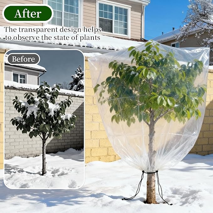 2 Pcs Winter Plant Covers Freeze Protection with Drawstring, 31.5"x39.4" Clear Plastic Film Shelter Bags, Waterproof Plant Frost Protection Covers for Outdoor Garden Shrubs Crops