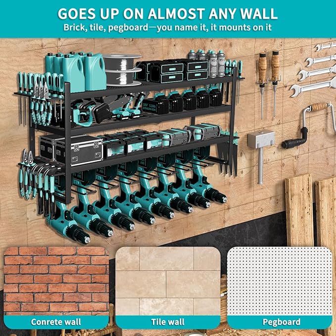 Power Tool Organizer Wall Mount Loads 400lbs, 4 Layers Heavy Duty Tool Organizers and Storage, Cordless Tool Rack with 8 Drills Holder, for Garage Workshop Shed Tool Room Garden