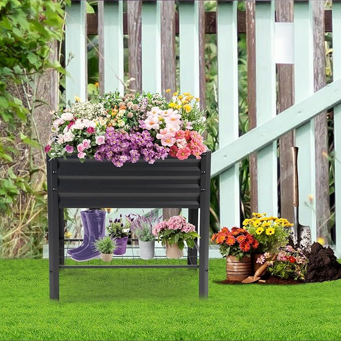 Raised Garden Bed with Legs and Shelf, 2pcs 31.8x20x31.5inches Elevated Metal Planter with Legs for Outdoor Vegetables and Herbs, Standing Raised Beds for Balcony, Patio, Lawn and Backyard