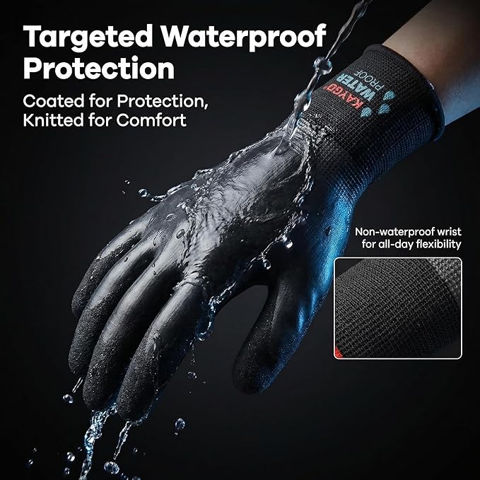KAYGO Waterproof Work Gloves for Men and Women, Rubber Coated Non-slip Working Gloves for Garden, Outdoor Construction,3 pairs,Black,L