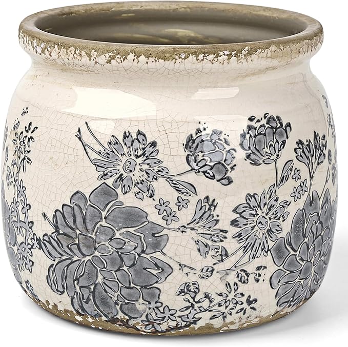 Flower Pots Planters for Indoor Plants Ceramic Plant Pots with Drainage 6.1 Inch Vintage Ceramic Pots for Plants Outdoor Home Garden Decor, Vintage Gray Bloom
