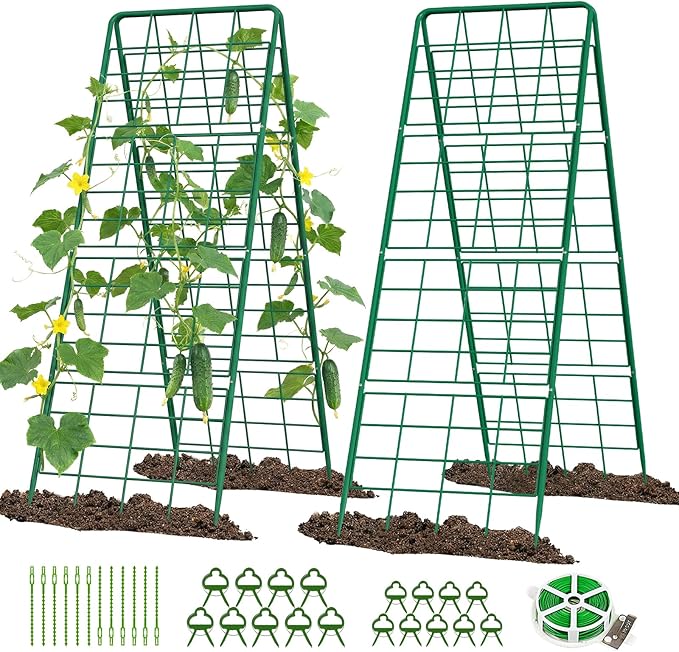 2 Pack Cucumber Trellis, 59" High Foldable A-Frame Garden Trellis for Raised Bed Garden Grow Support with Plant Support Clips Ties for Cucumber,Tomato, Climbing Plants and Flowers