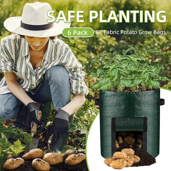 LITLANDSTAR 6 Pack Potato Grow Bags, 5 Gallon Grow Bags Garden Planting Bags with Flap Windows and Handles, Vegetable Grow Bags for Potato, Onion, Tomato, Carrot (Dark Green)