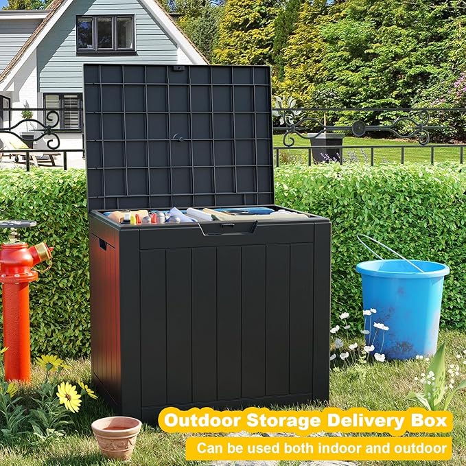 Vixzen 30 Gallon Resin Deck Box, Lockable Outdoor Storage Box for Patio Cushions Storage Furniture,Garden Tools, Pool Supplies, Weatherproof and UV Resistant（Black，30 Gallon）