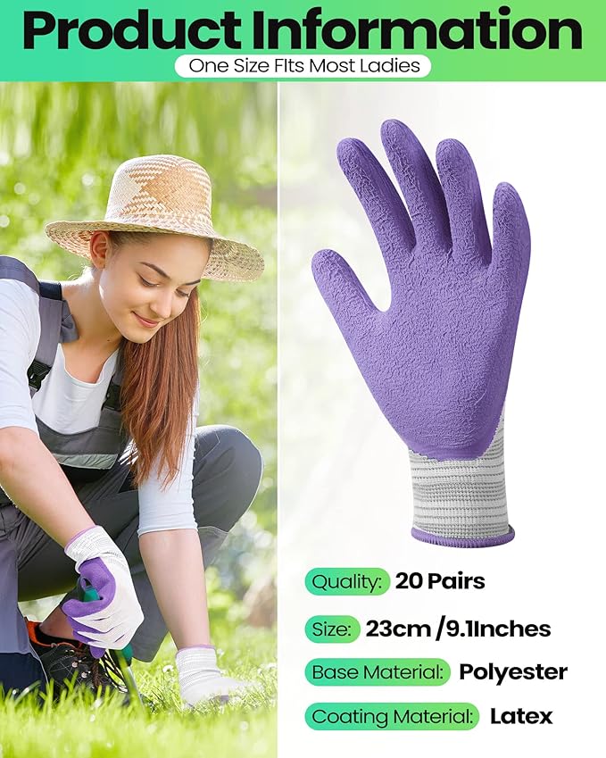 Yahenda Gardening Gloves for Women - 20 Pairs, Purple and Green, Breathable and Protective, Machine Washable