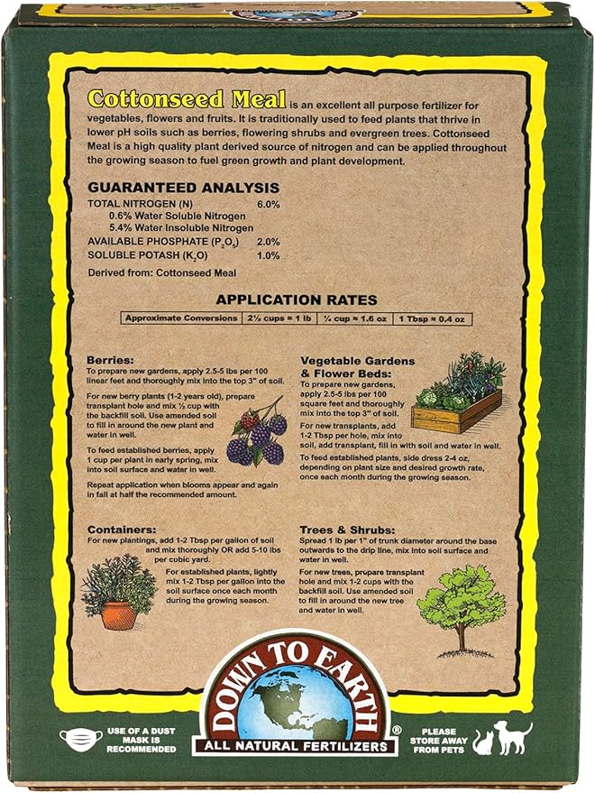 Down To Earth All Natural Fertilizers Organic Cottonseed Meal - Plant Food for Low pH Acid Soil Loving Plants 6-2-1, 5 lb