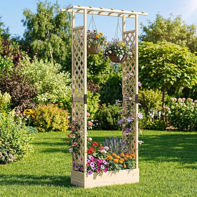 Giantex Wooden Raised Garden Bed with Trellis & Hanging Roof, 2 Pack Fir Wood Planter Box, 89” Freestanding Elevated Garden Bed for Outdoor Climbing Plants Vegetables Flowers, Patio & Balcony, Natural